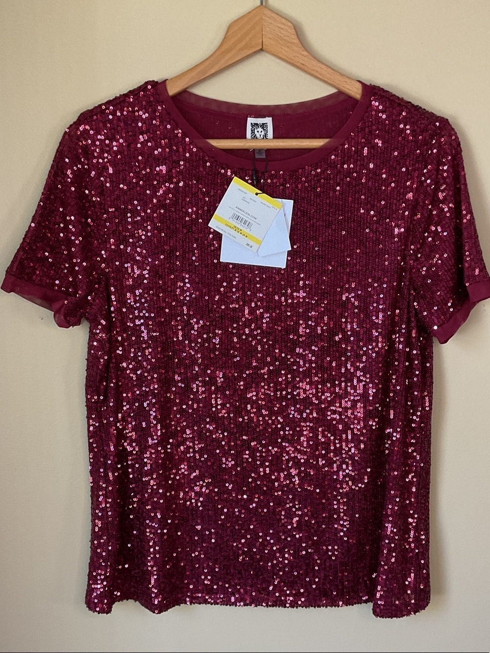 Anne Klein Burgundy Sequin Short Sleeve Top Size M NWT